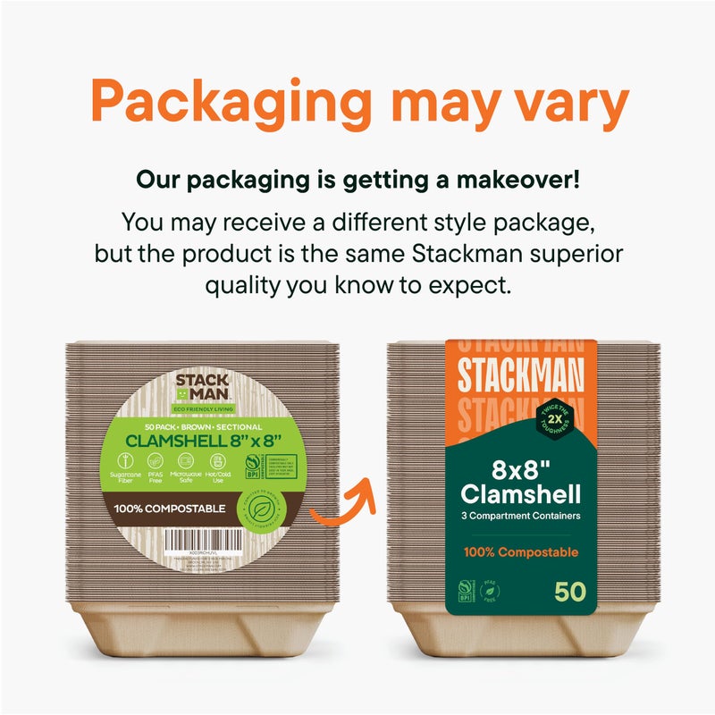 Stack Man 100% Compostable Clamshell Take Out Food Containers [8X8" 3-Compartment 50-Pack] Heavy-Duty Quality to go Containers, Natural Disposable Bagasse, Eco-Friendly Biodegradable Made of Sugar Cane Fibers - Image 5